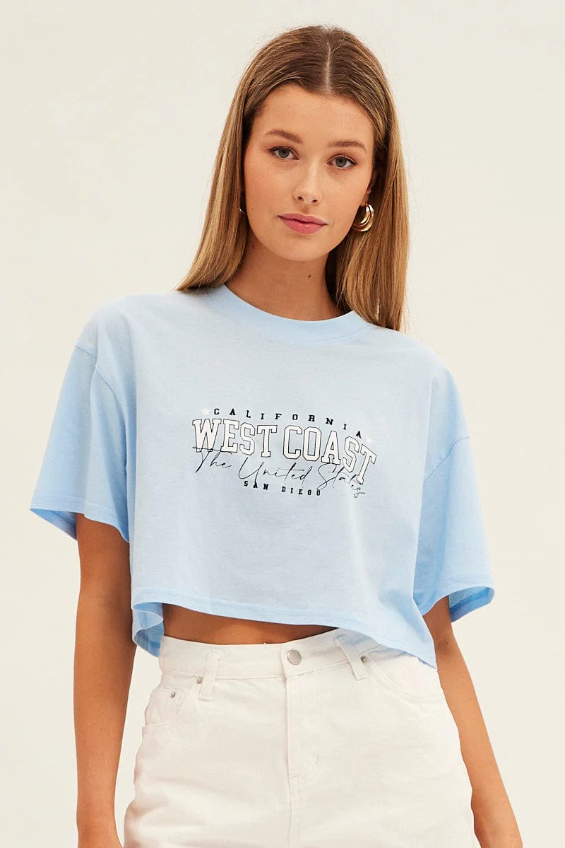 Blue Graphic T-Shirt Crop West Coast Crew Short Sleeve