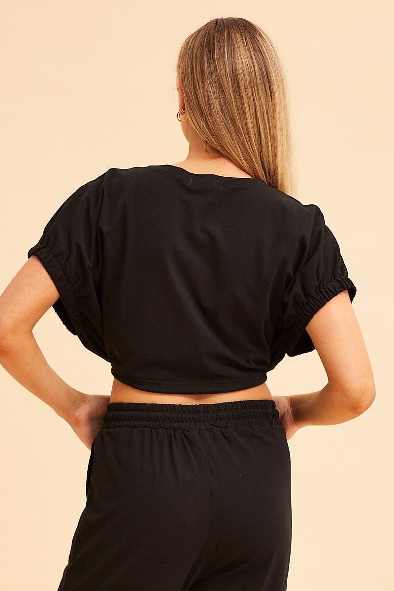 Black Crop Top Short Sleeve Relaxed Fit Elastic Detail