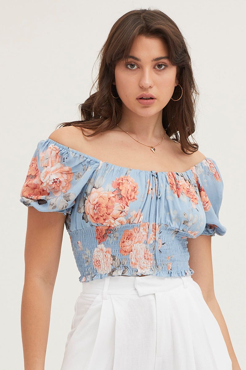 Print Crop Top Short Sleeve Shirred Waist