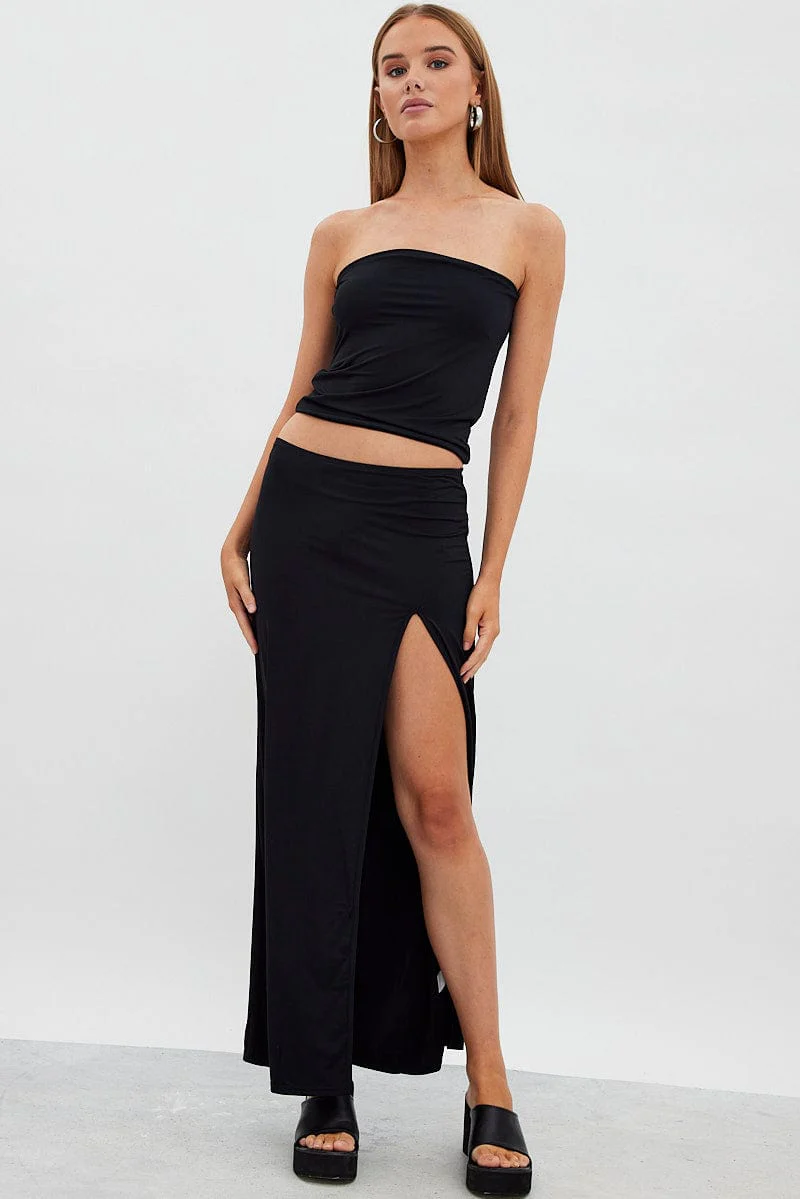 Black Maxi Skirt Mid Rise Split Nylon