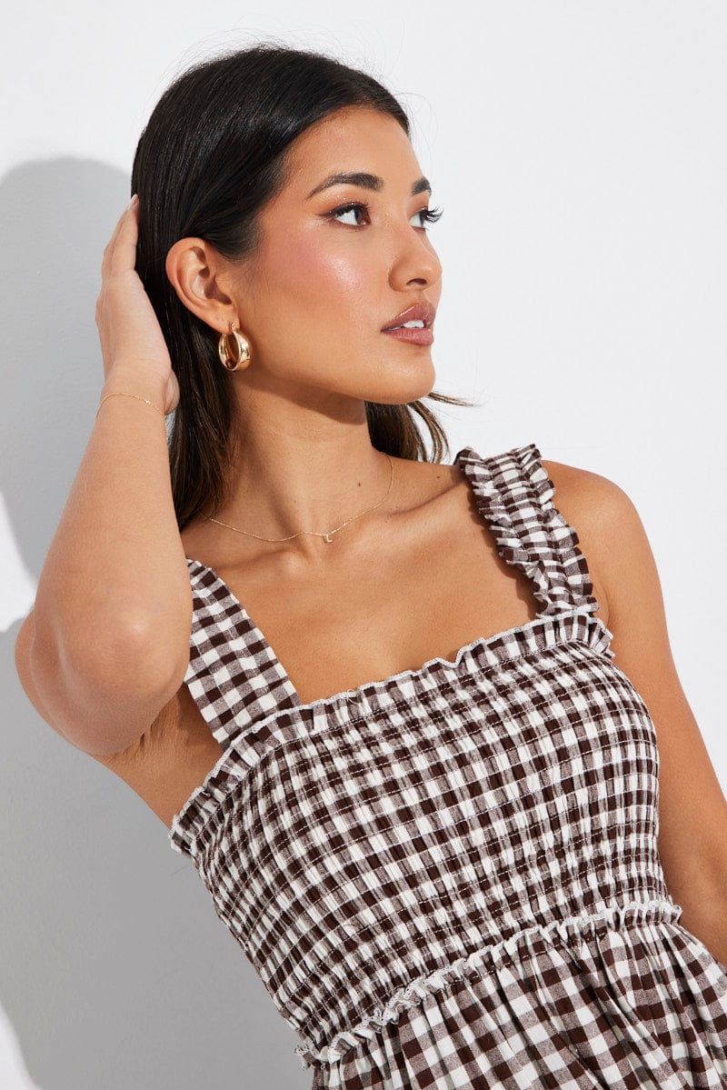 Brown Check Maxi Dress Shirred Bust Tiered