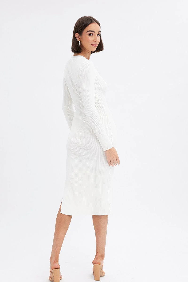 White Midi Dress Long Sleeve Round Neck Rib Knitted