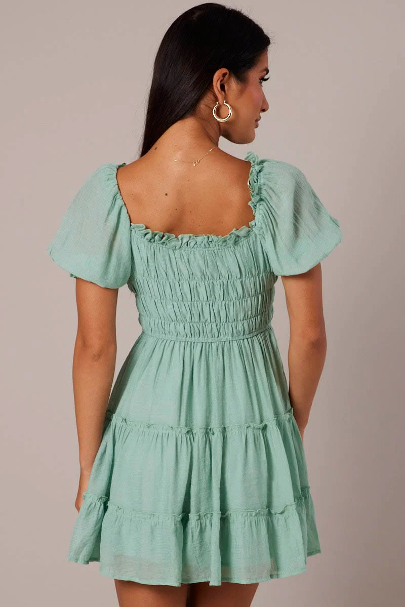 Green Fit And Flare Dress Puff Sleeve