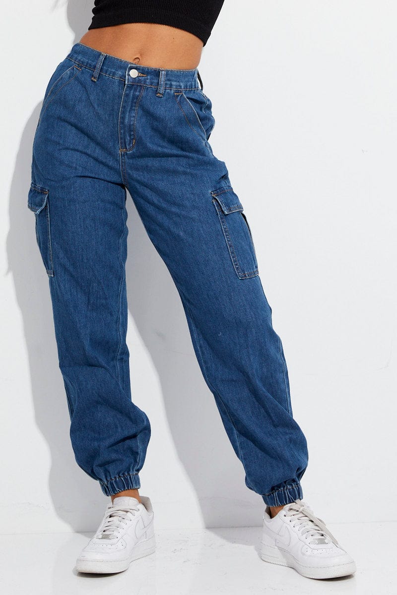 Blue Cargo Denim Jeans High Rise