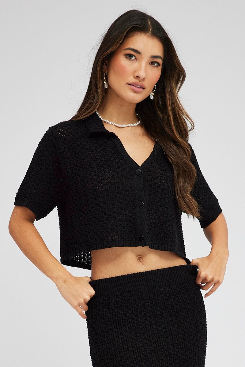 Black Crochet Knit Top Collared