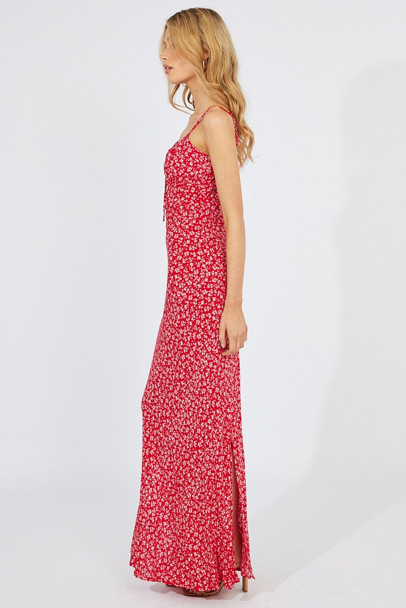 Red Floral Midi Dress Gathering Bust Sleeveless