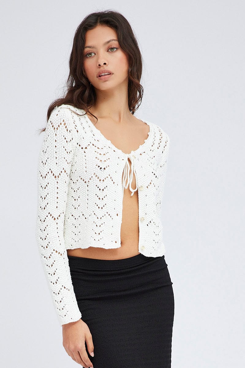White Crochet Knit Cardigan Long Sleeve Round Neck
