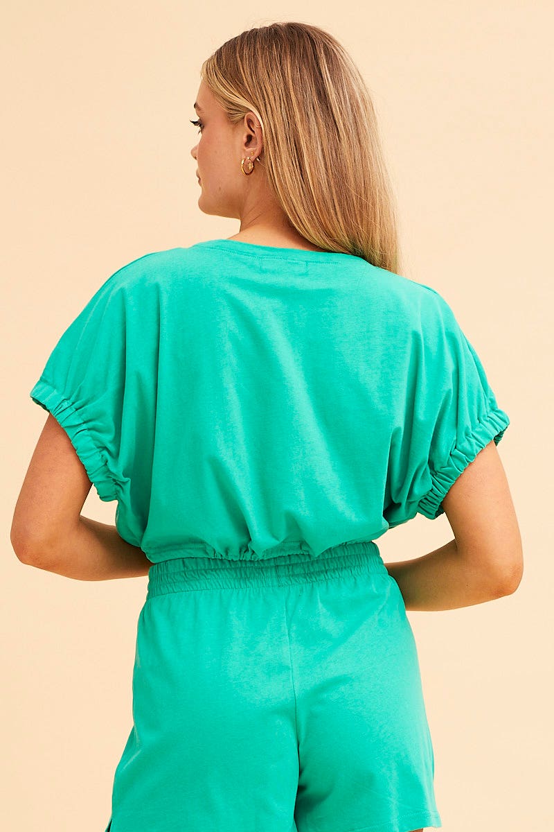 Green Jamie Cropped Cotton Short Sleeve Top