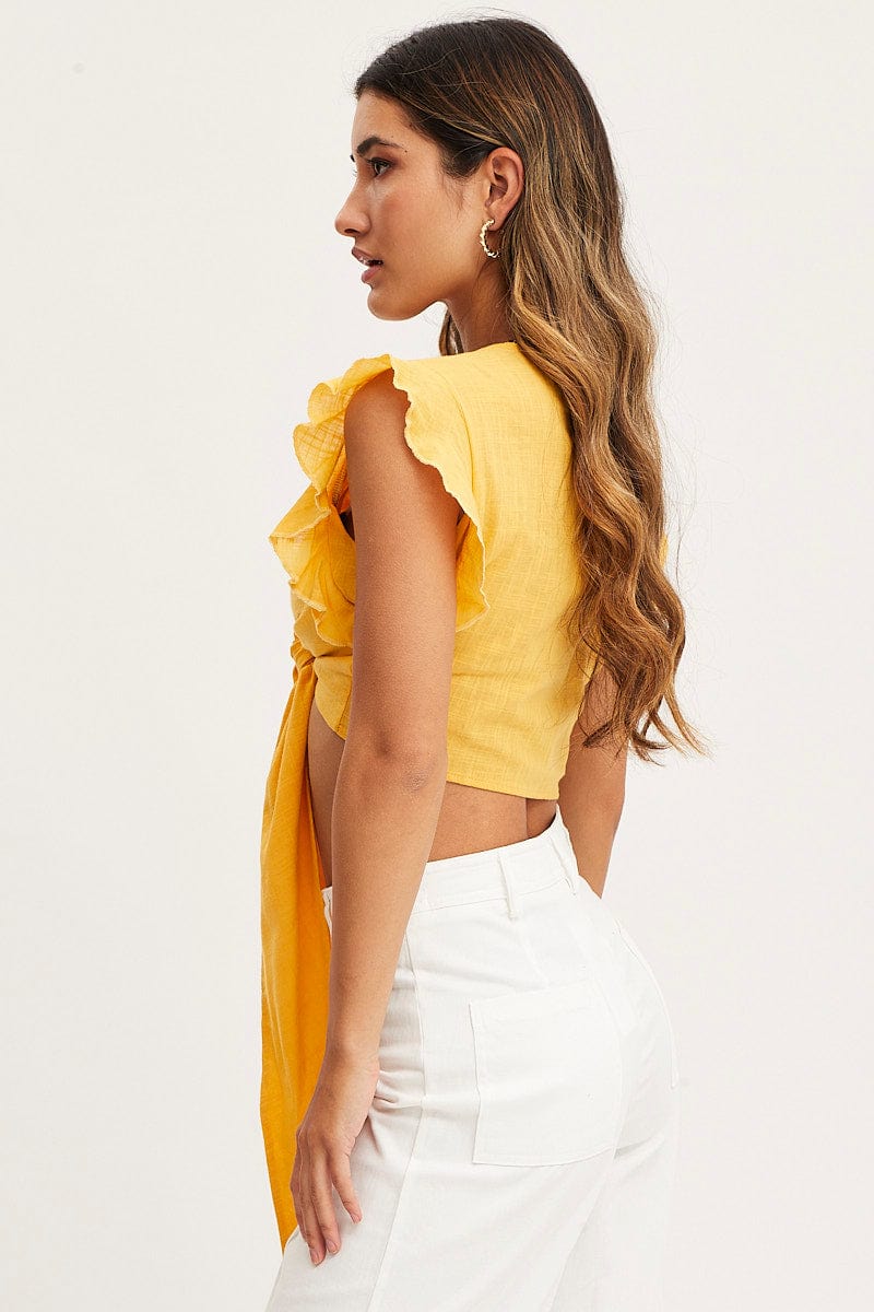 Yellow Crop Top Short Sleeve Tie Front