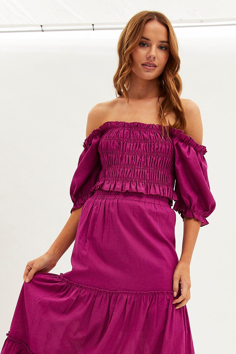 Purple Crop Top Short Sleeve Square Neck Linen Blend