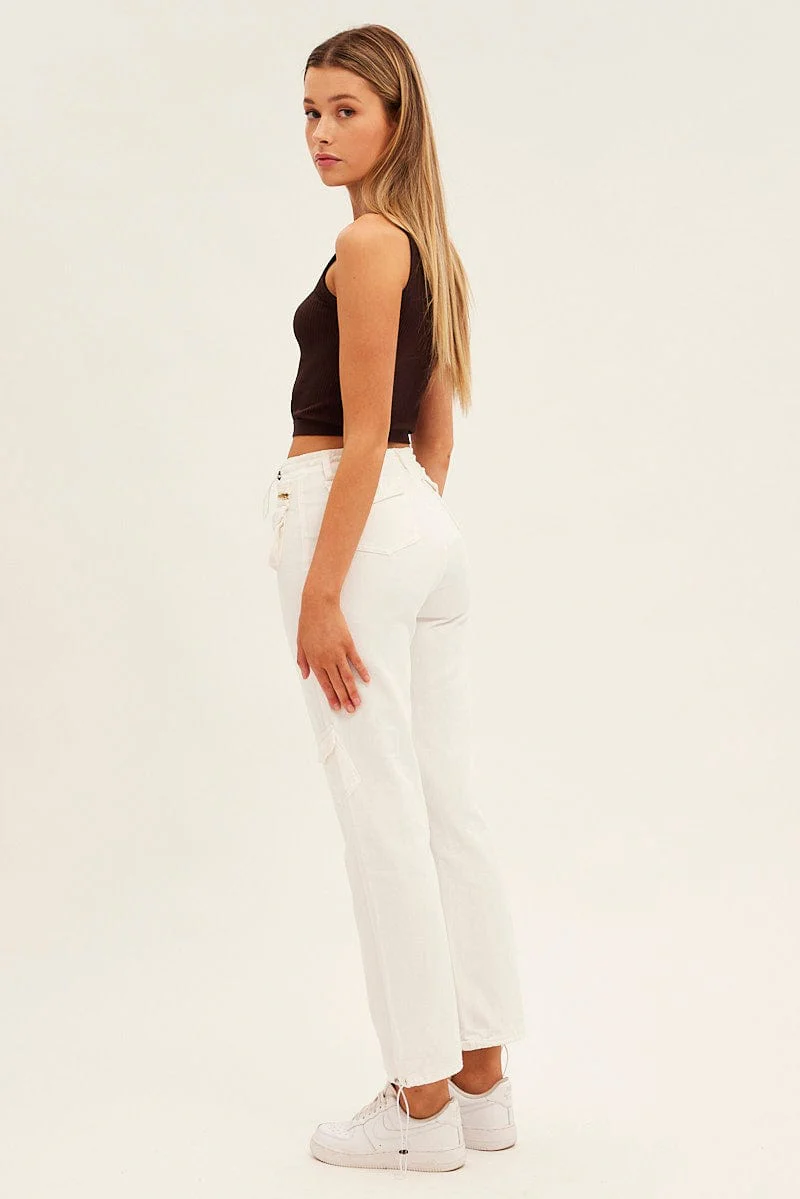 White Wide Leg Denim Cargo Pants