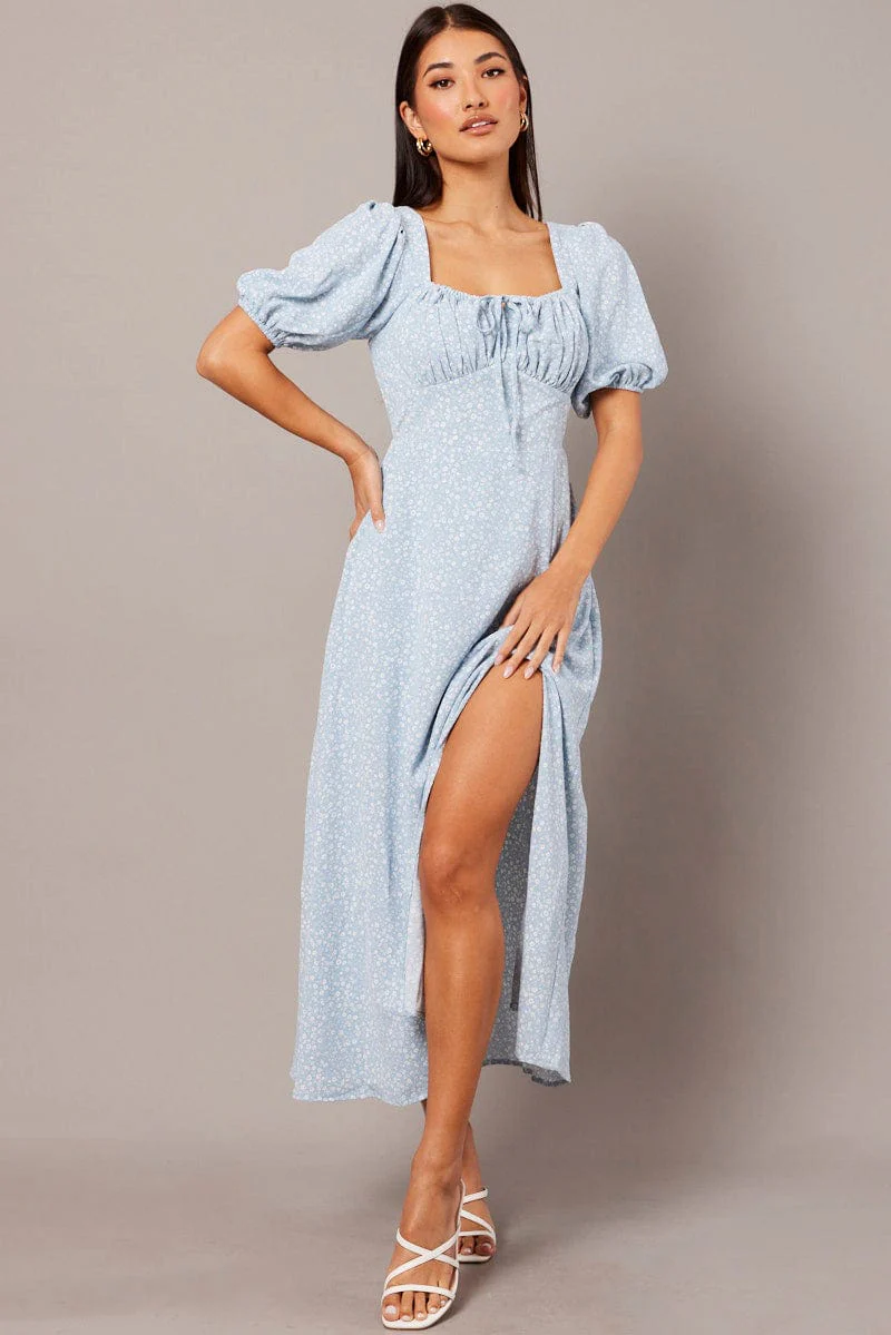 Blue Ditsy Midi Dress Short Sleeve Ruched Bust