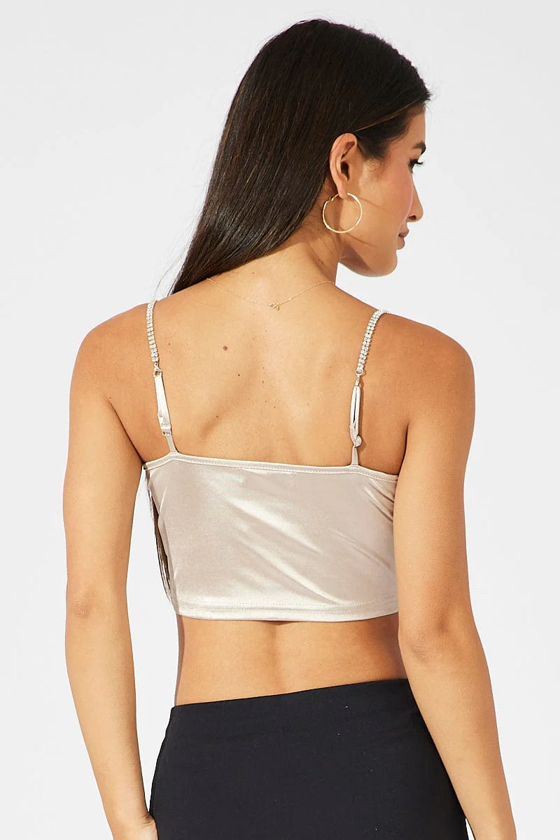 Beige Satin Cami Sleeveless Diamante Strap