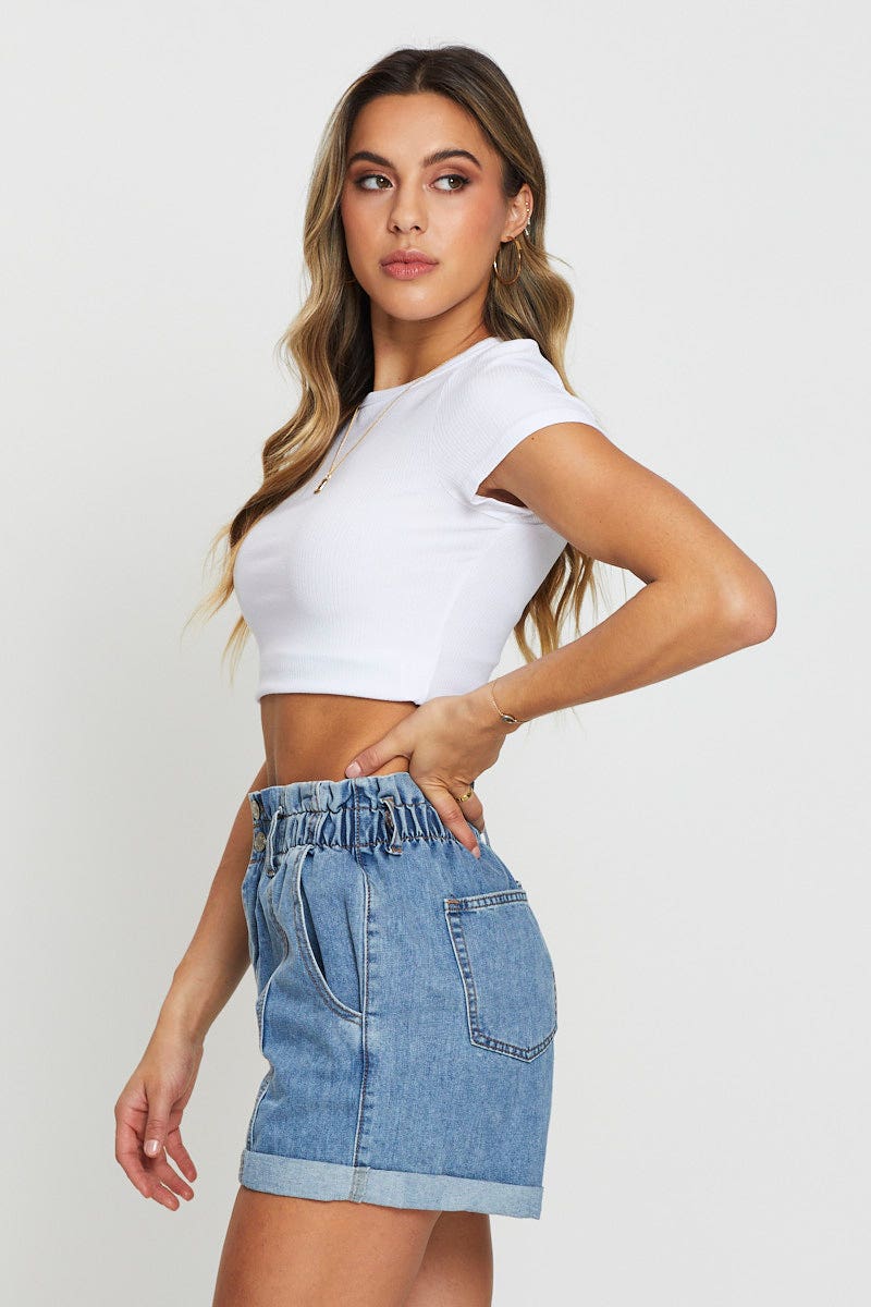 Blue Paper Bag Denim Shorts High Waist