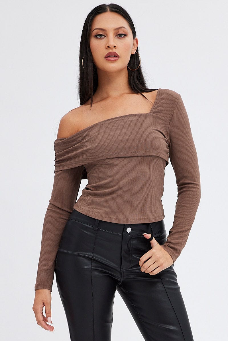 Brown Top One Shoulder Long Sleeve Rib