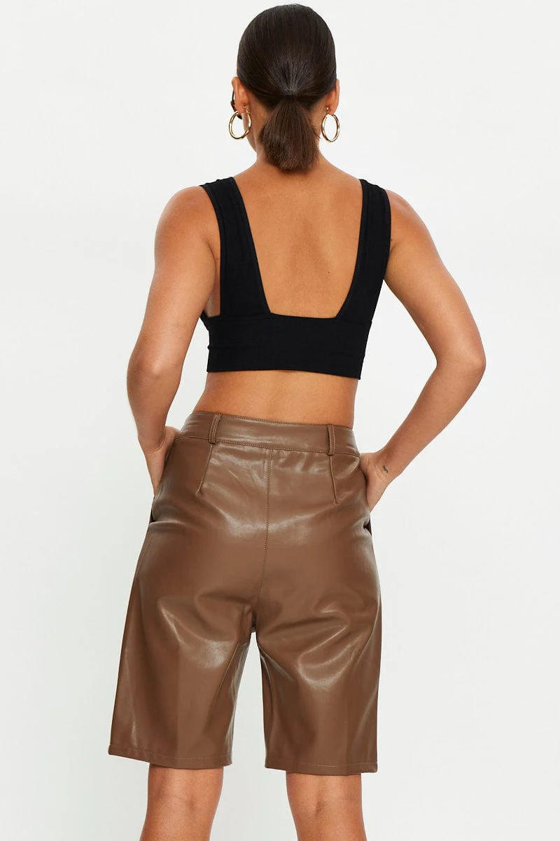 Brown Faux Leather Boyfriend Short