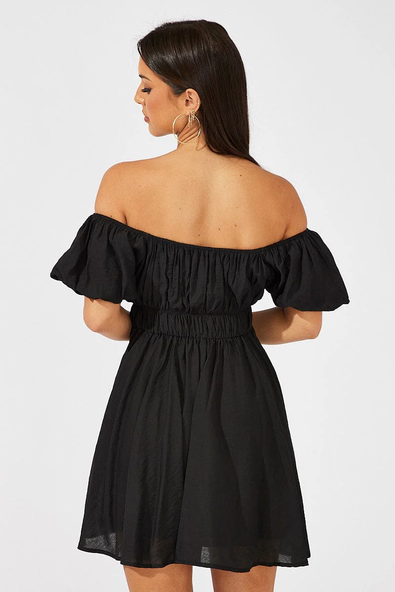 Black Fit and Flare Dress Short Sleeve Ruched