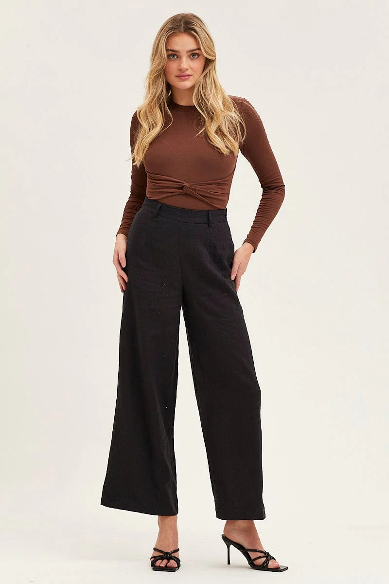 Black Pants High Rise Wide Leg Linen Blend