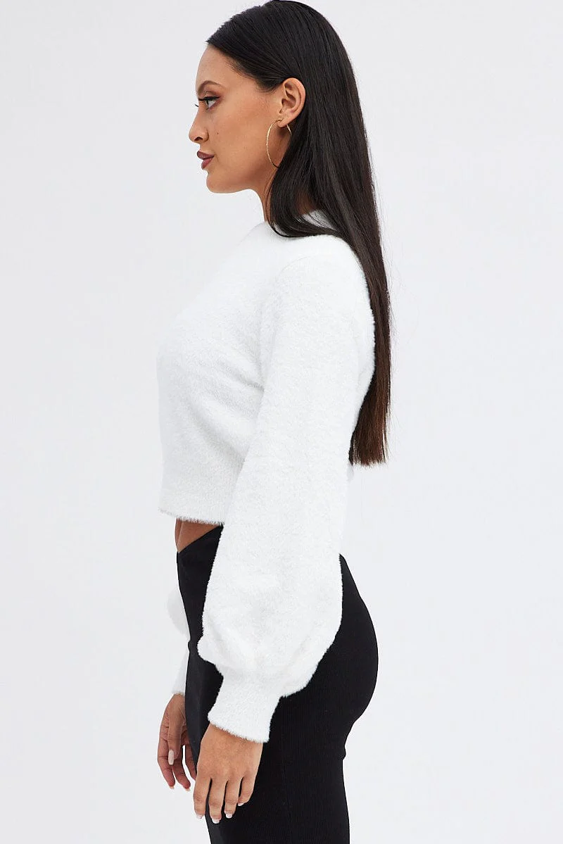 White Fluffy Knit Jumper Long Sleeve