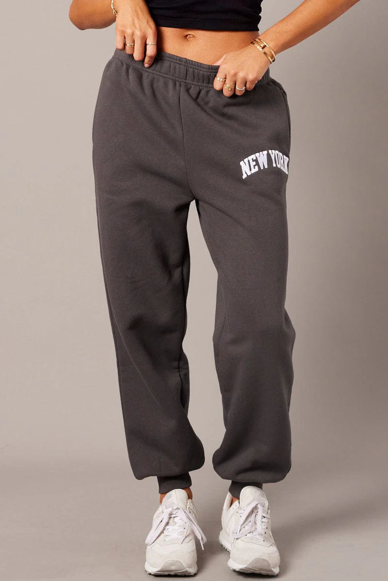 Grey Track Pants High Rise