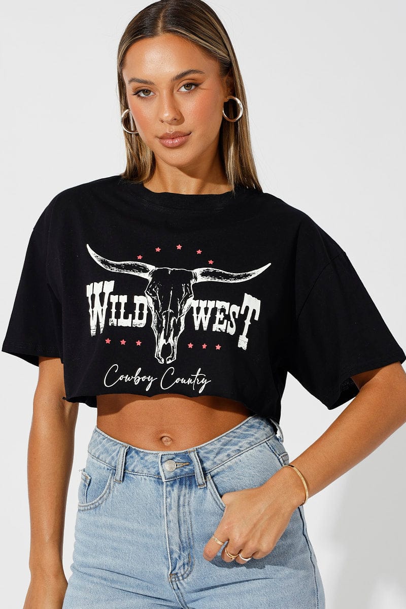 Black Graphic Tee Short Sleeve Crop