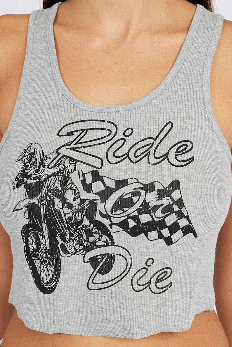 Grey Graphic Tank Sleeveless Rib