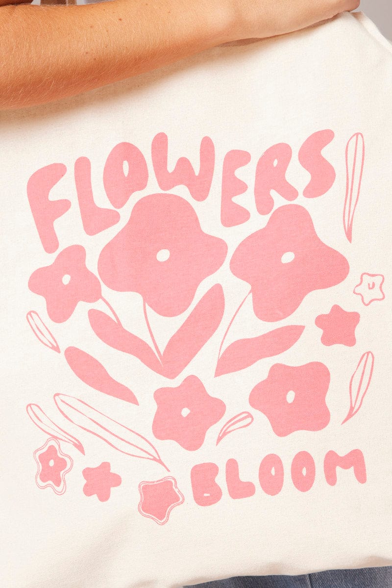 Pink Print Tote Bag Printed Flowers Bloom