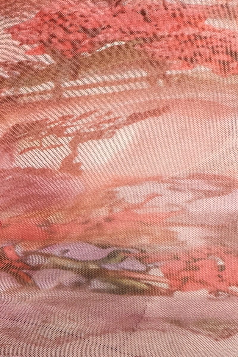 White Abstract Landscape Print Mesh Short Sleeve Top