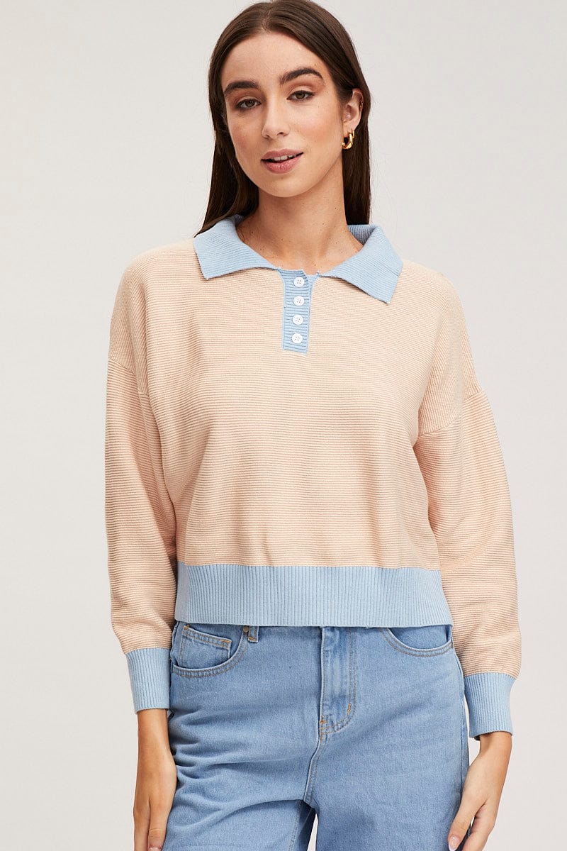 Beige Knit Top Long Sleeve Collared