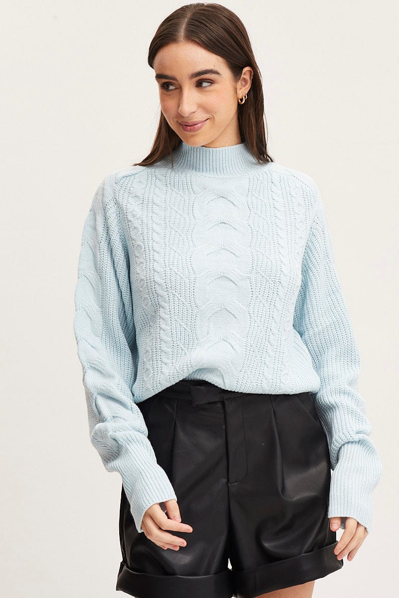Blue Knit Top Long Sleeve Relaxed Turtleneck Cable