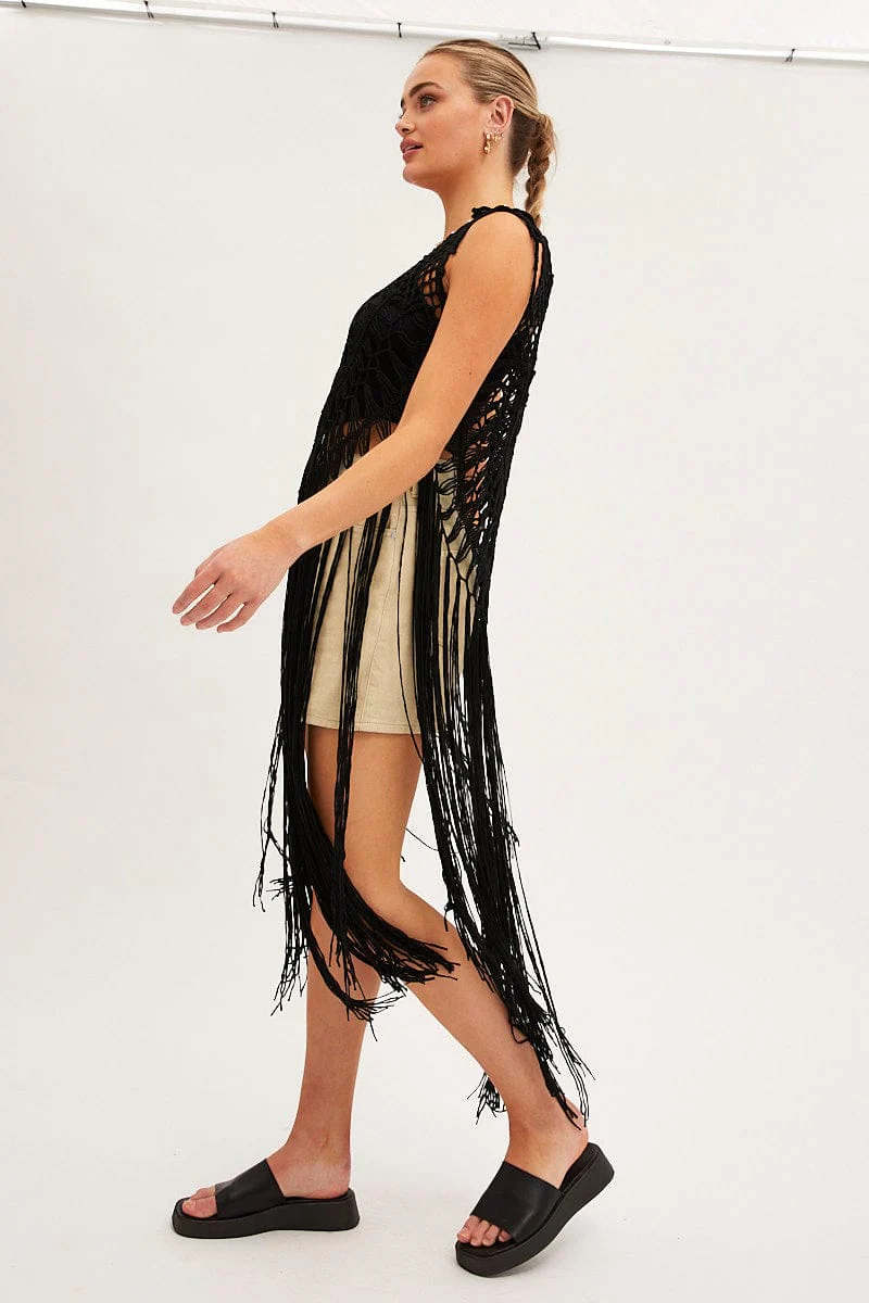 Black Crochet Beach Pullover Dress Cover Up