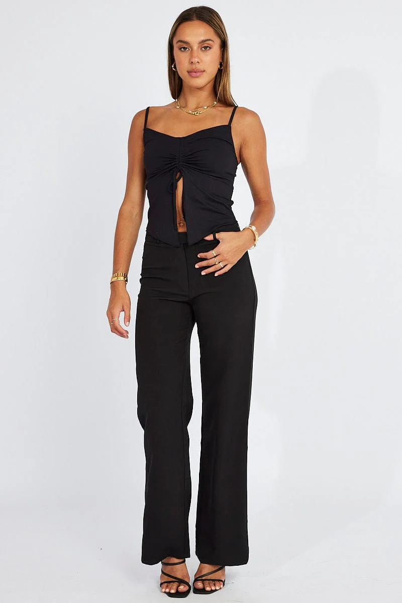 Black Straight Fit Pants Mid Rise