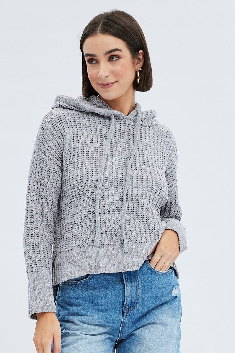 Grey Knit Top Long Sleeve Hoodie