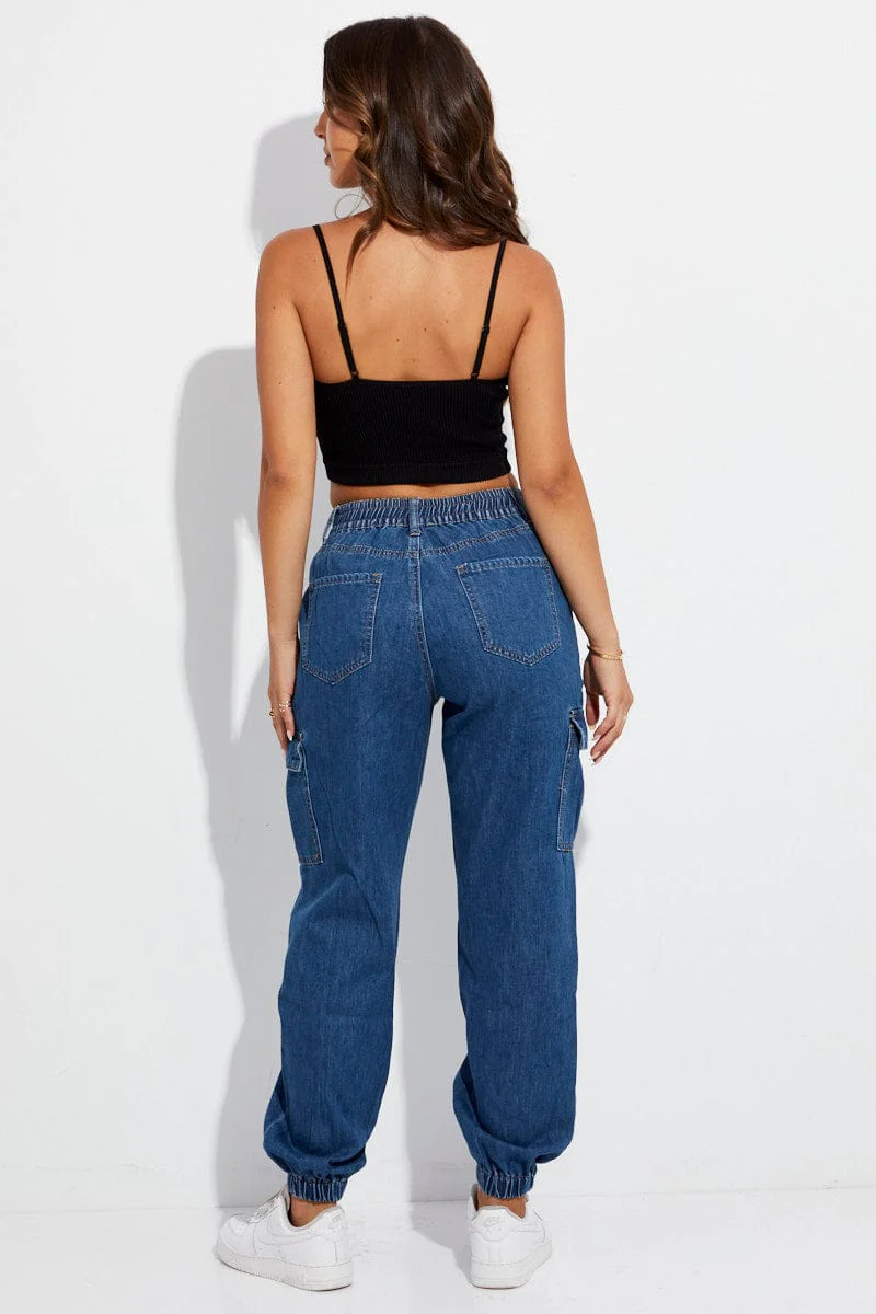 Blue Cargo Denim Jeans High Rise