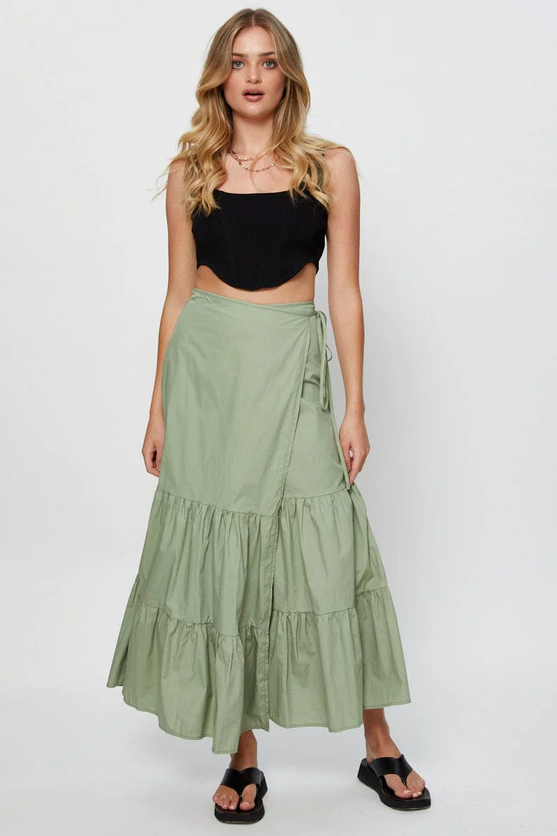 Green Wrap Skirt Maxi High Rise