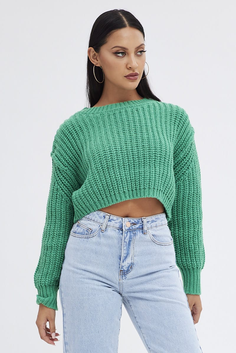Green Knit Top Round Neck Long Sleeve Crop