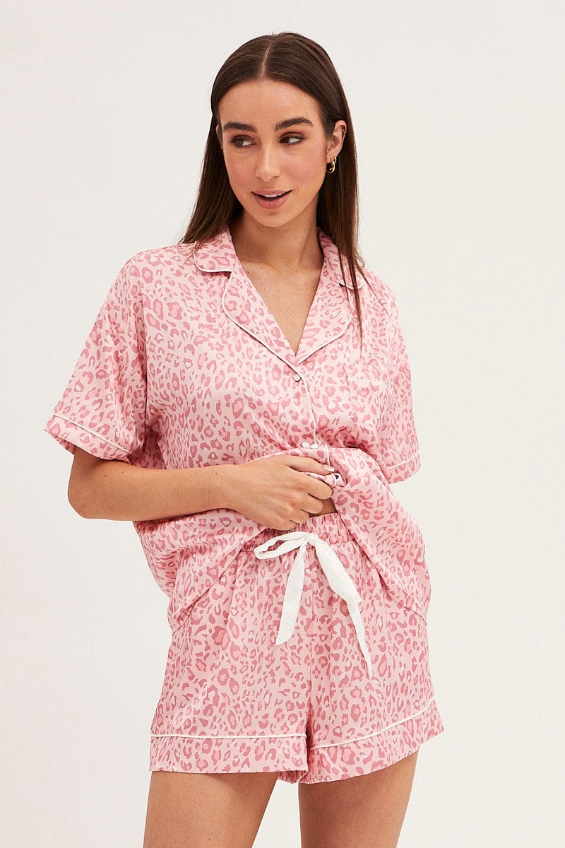 Pink Animal Print Pyjamas Set Short Sleeve Collared Shorts Satin