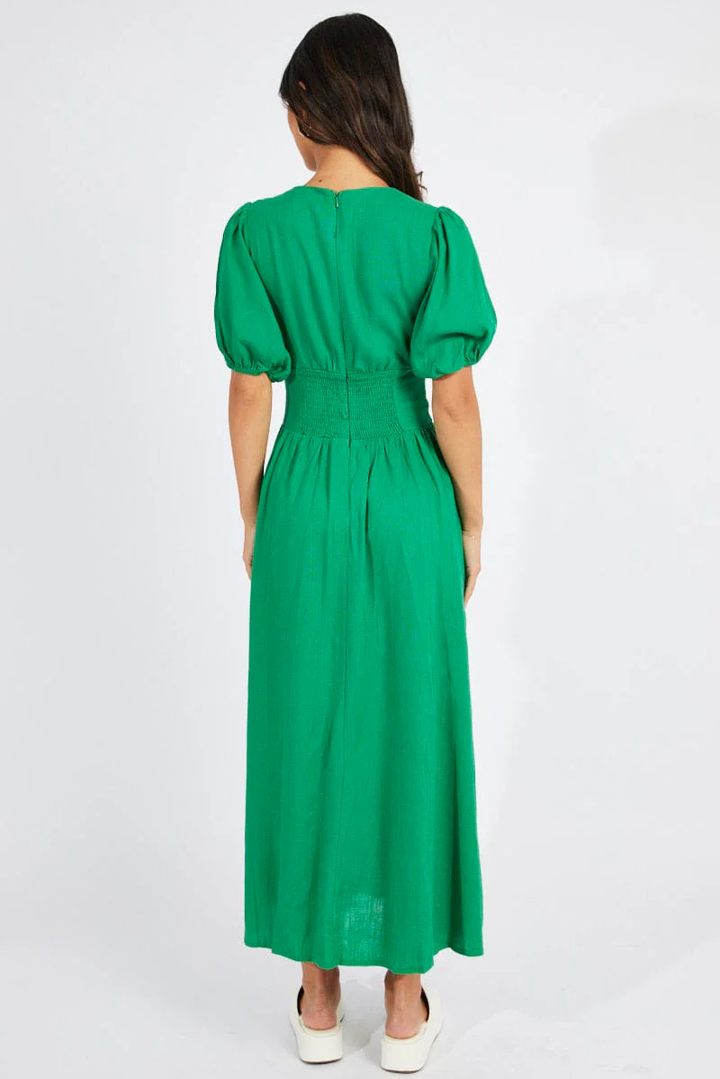 Green Midi Dress Puff Sleeve