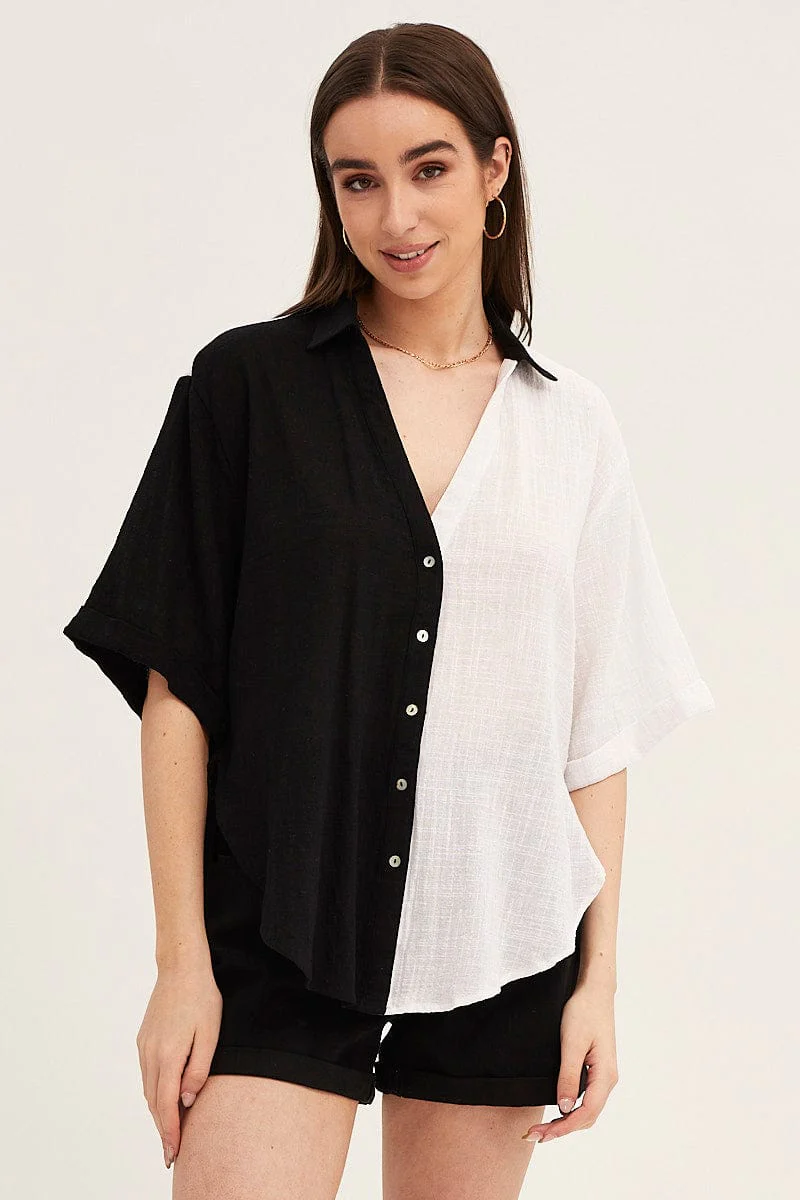 Black Mono Cotton Half Sleeve Relaxed Shirt