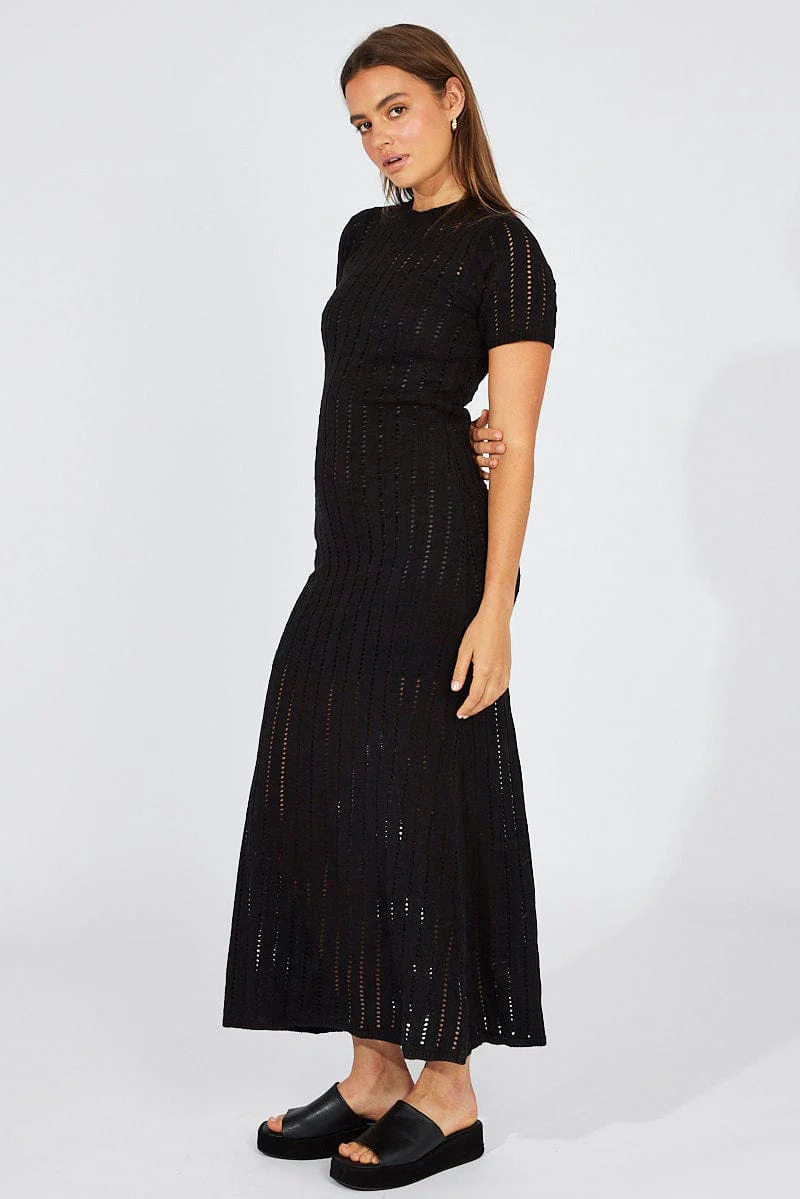 Black Knit Maxi Dress Crochet Short Sleeve