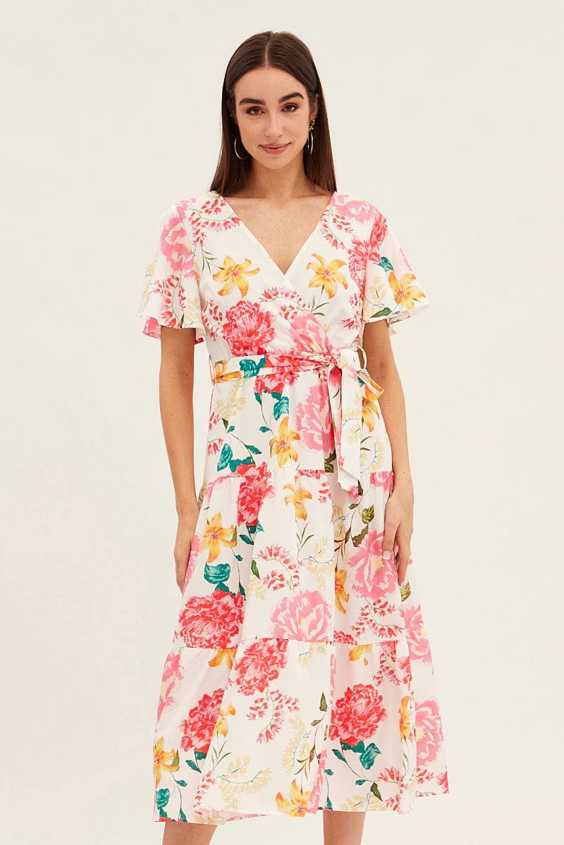 White Floral Tie Waist Tiered Midi Dress