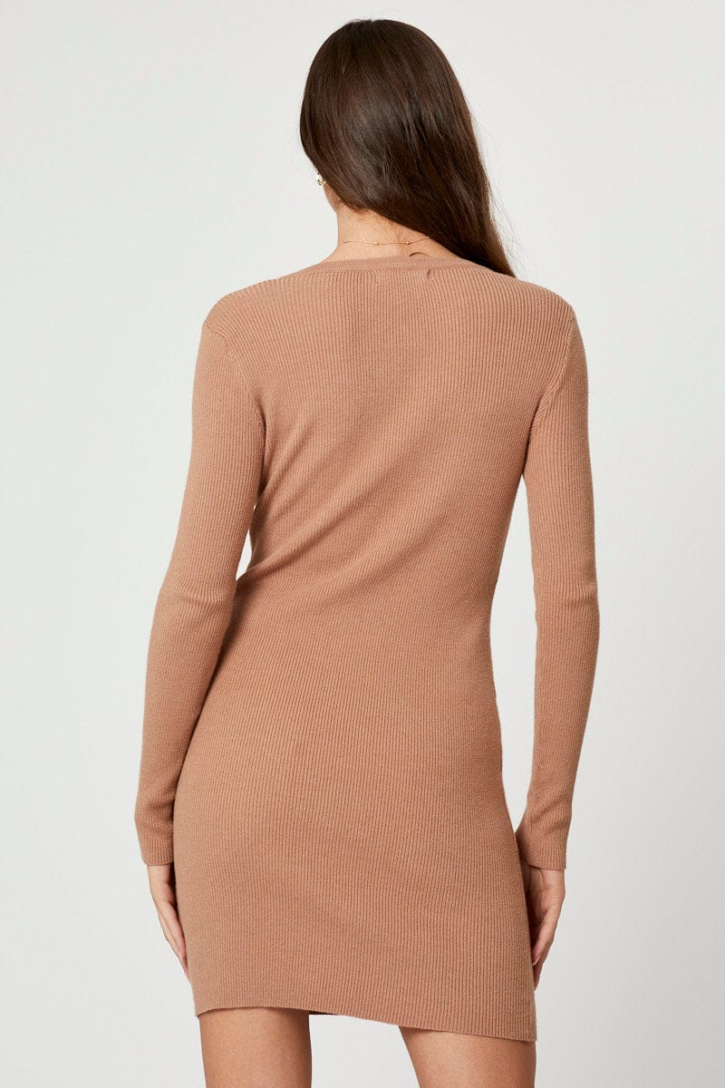 Brown Bodycon Dress Long Sleeve Mini