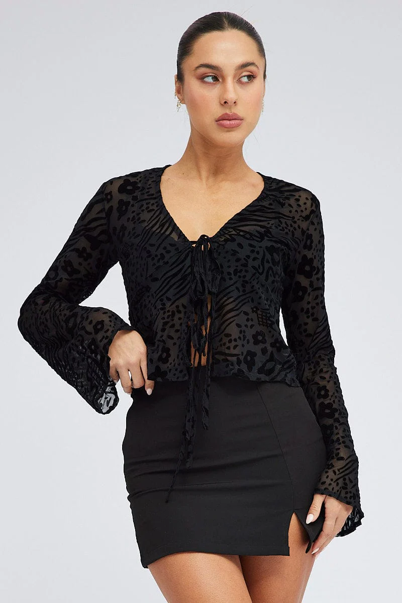 Black Top Long Sleeve Tie front Burnout