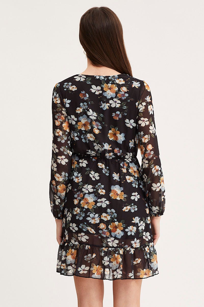 Print Mini Dress Long Sleeve V Neck