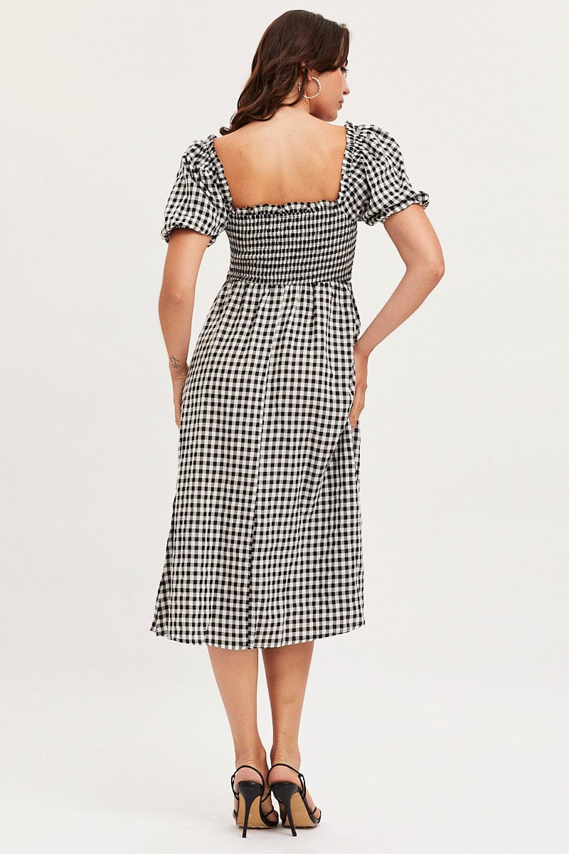 Check Midi Dress Short Sleeve Square Neck