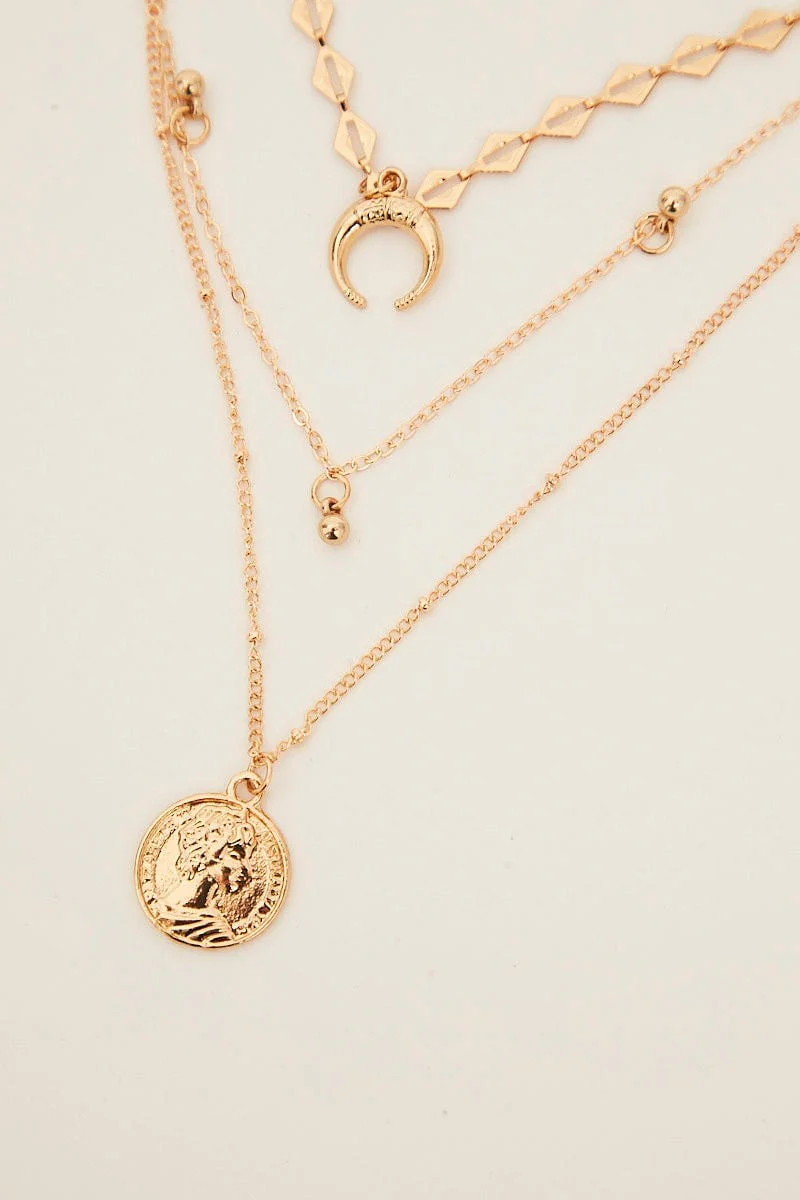 Gold Moon And Coin Charm Layered Necklace