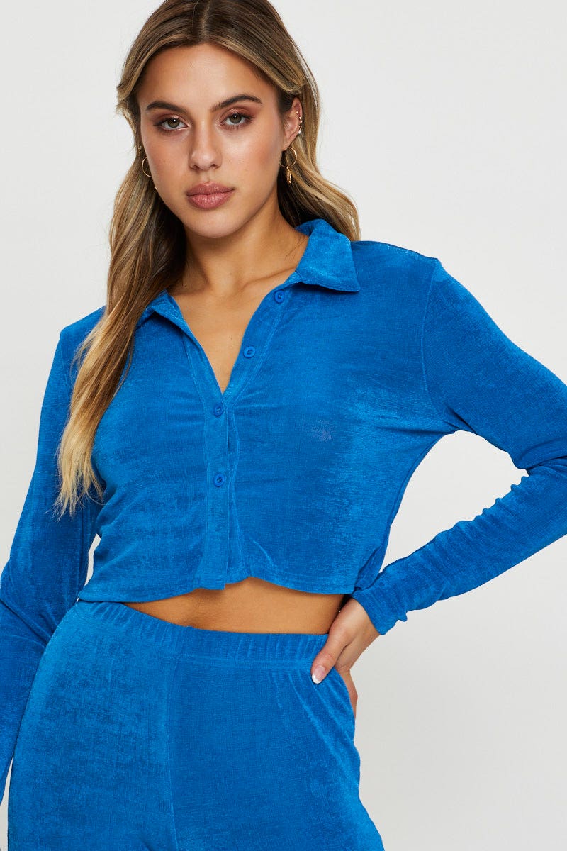 Blue Slinky Top Long Sleeve Collared