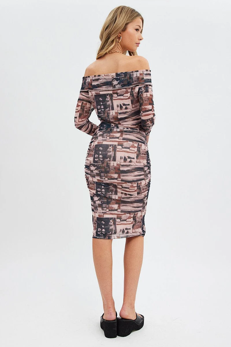 Brown Print Midi Dress Bardot Off Shoulder Bodycon Ruched