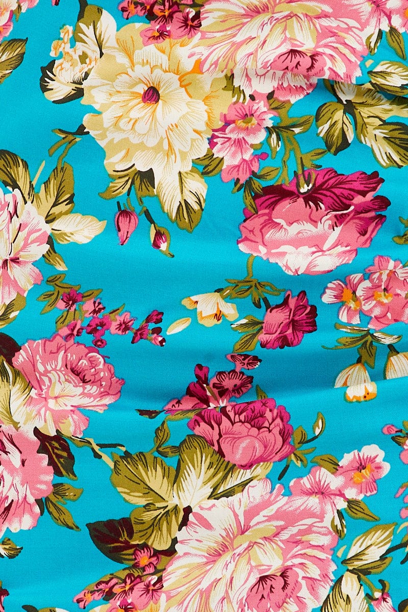 Green Floral Mini Dress Puff Sleeve V-Neck