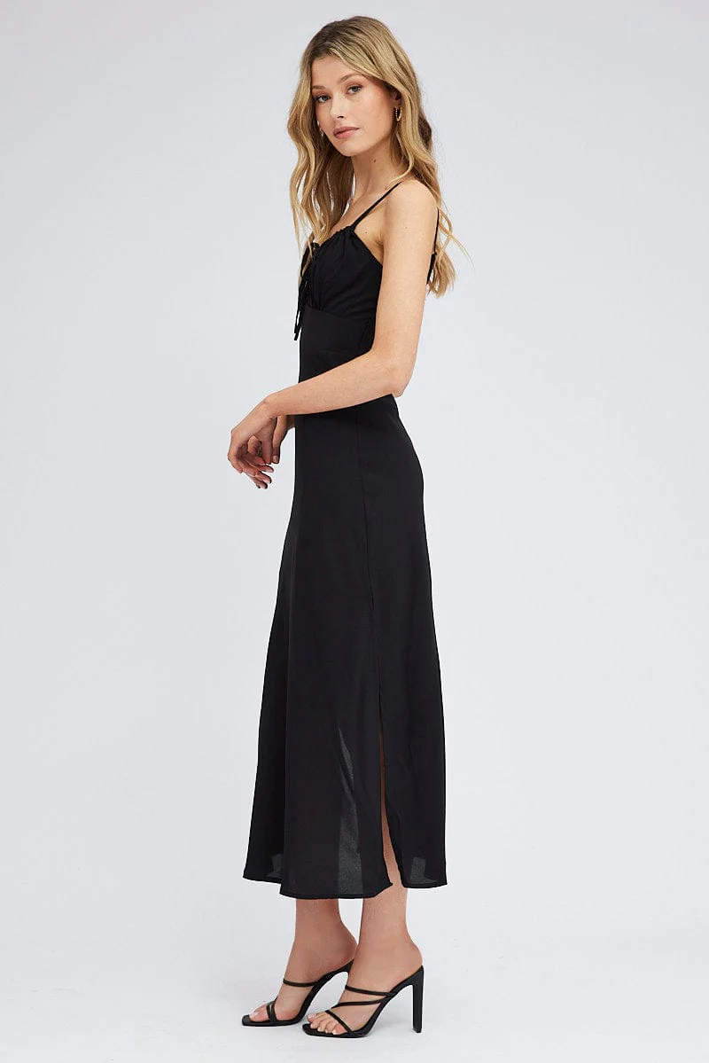 Black Midi Dress Gathering Bust Sleeveless